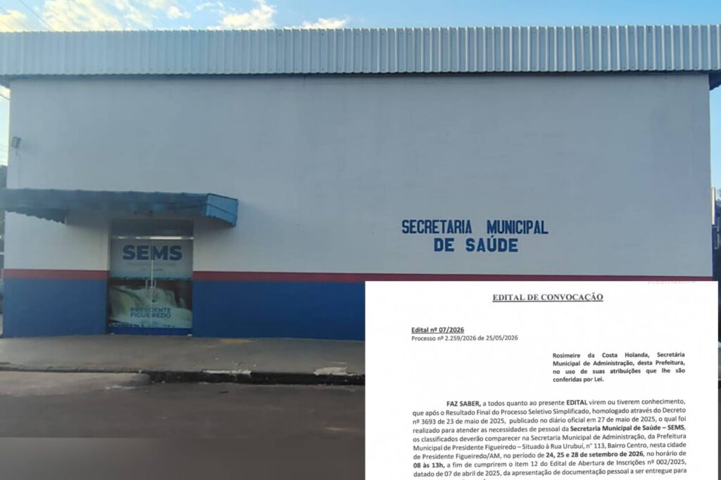 Prefeitura de Presidente Figueiredo convoca aprovados no PSS da Saúde para auxiliar de serviços gerais e cozinheiro